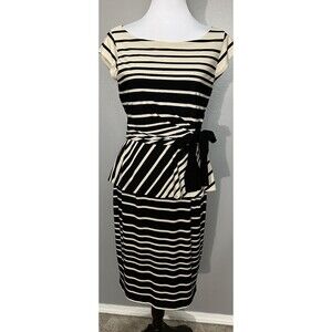 Ann Taylor Womens Sz 4 Black Tan Striped Dress Knee Length Stretch Pencil EUC